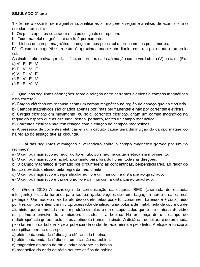 Questões sobre Magnetismo e Termodinâmica | PDF | Magnetismo | Campo ...