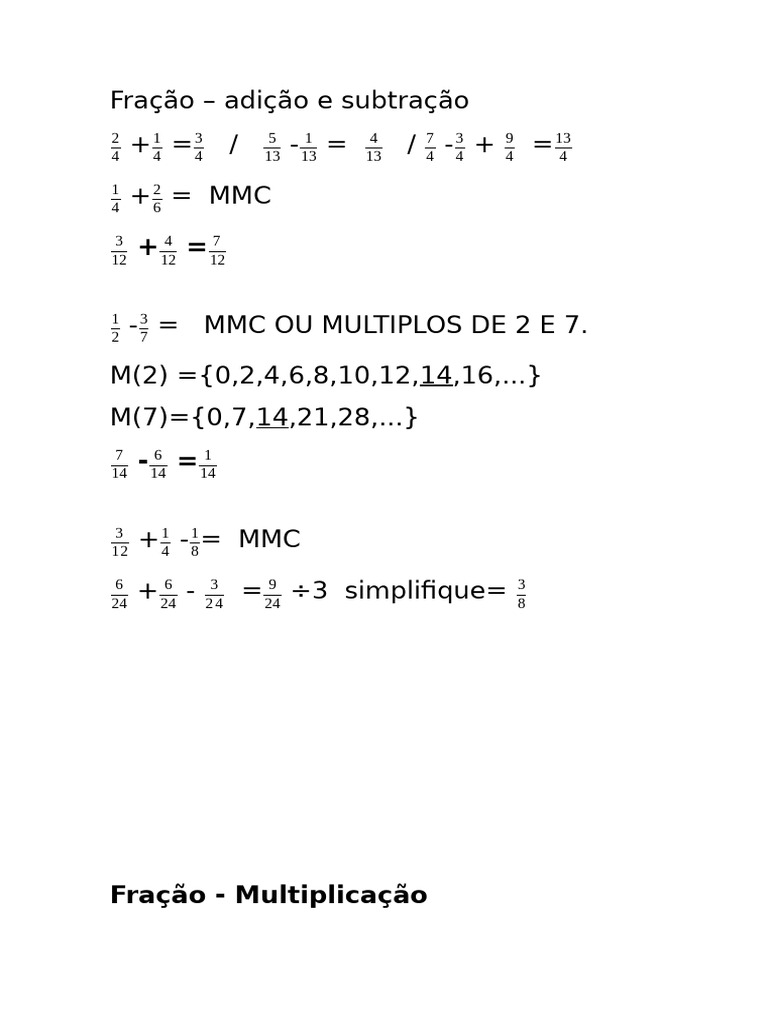 Fração Explicação - Adição, Subtração, Multiplicação e Divisão | PDF