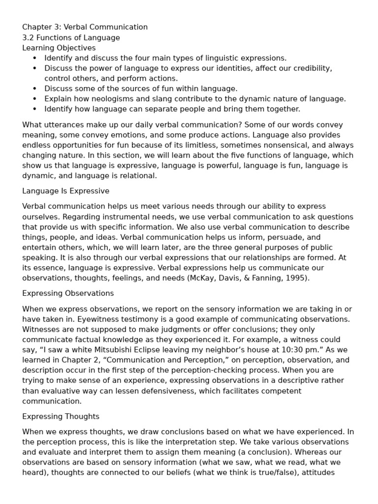 Functions of Verbal Communication | PDF | Thought | Communication