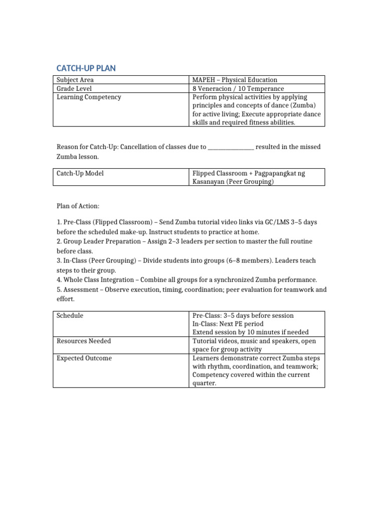 Catch Up Plan Zumba | PDF