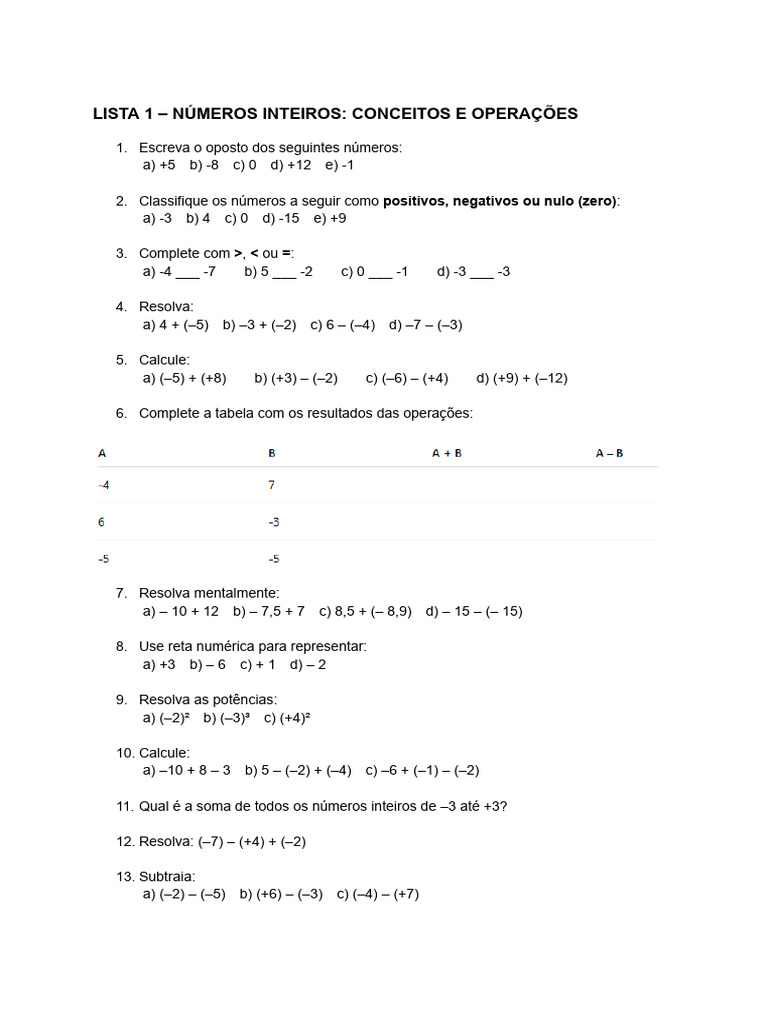 Operações com Números Inteiros: Exercícios | PDF