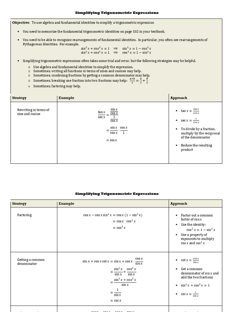 1113 Simplifying Trig Expressions Pdf Trigonometric Functions Algebra