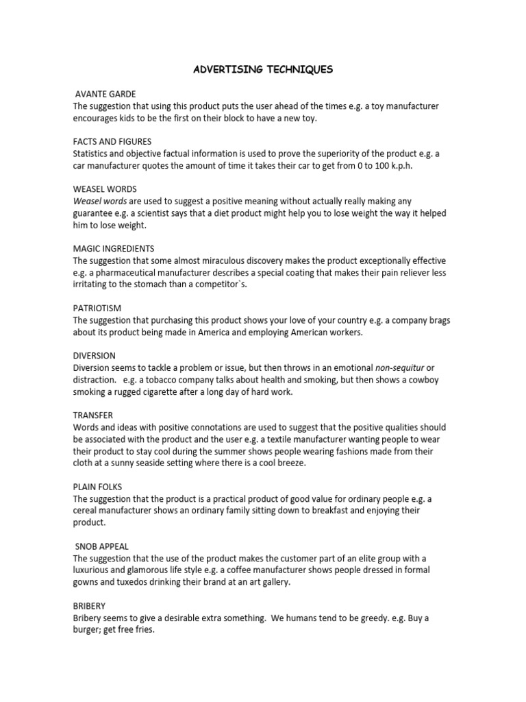 Advertising Techniques Explained | PDF | Propaganda | Brand