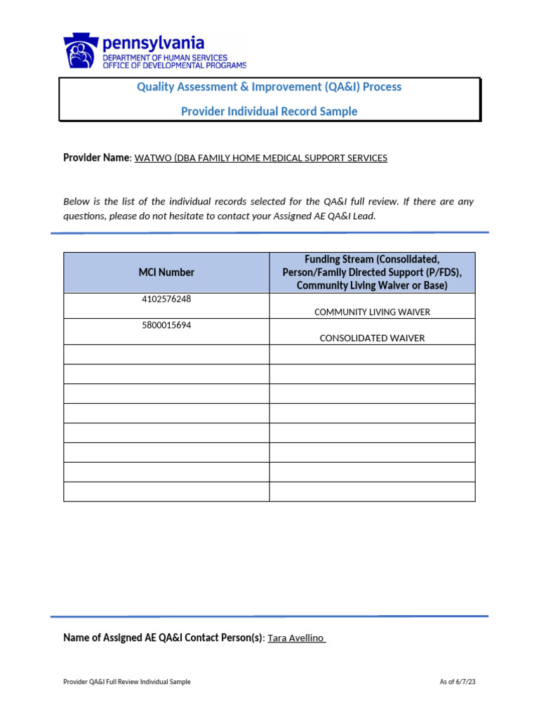 QAI C2Y2 Provider Full Review Individual Record Sample List Family Home ...