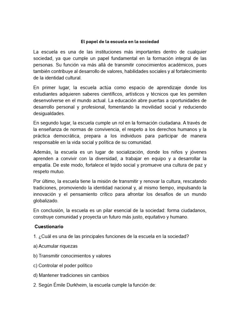 El papel fundamental de la escuela en la sociedad | PDF | Escuelas ...