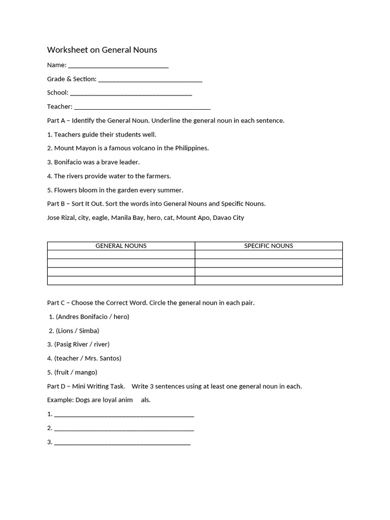 General Nouns Worksheet for Students | PDF