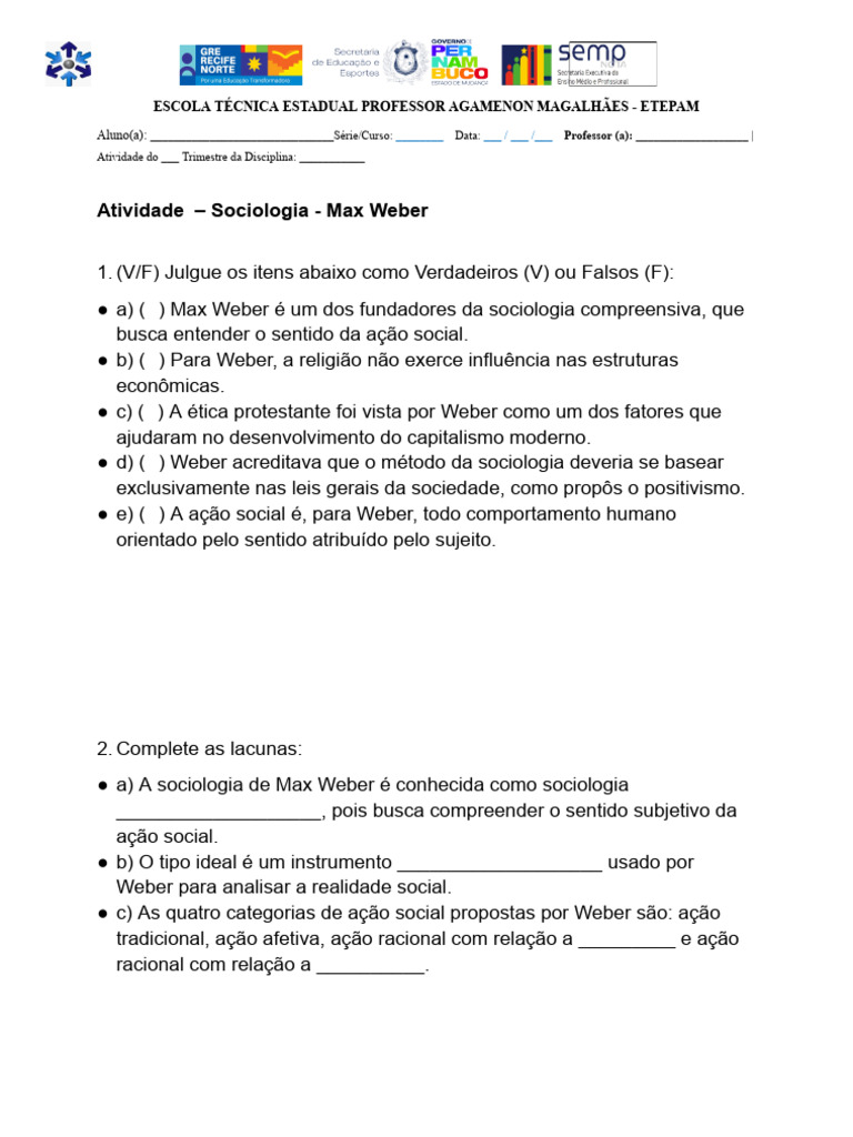 Atividade de Sociologia: Max Weber | PDF