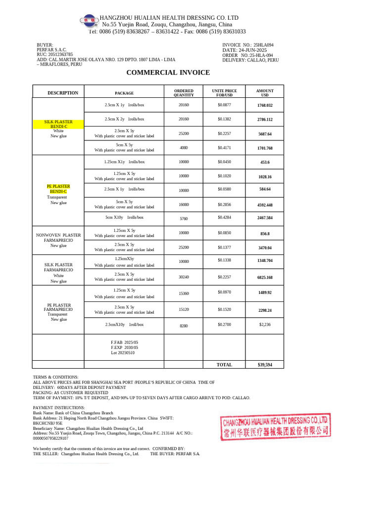 Commercial Invoice for Health Dressing Products | PDF