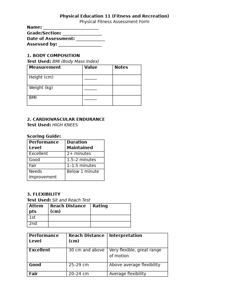 Fitness Assessment Form for PE 11 | PDF | Body Mass Index | Physical ...