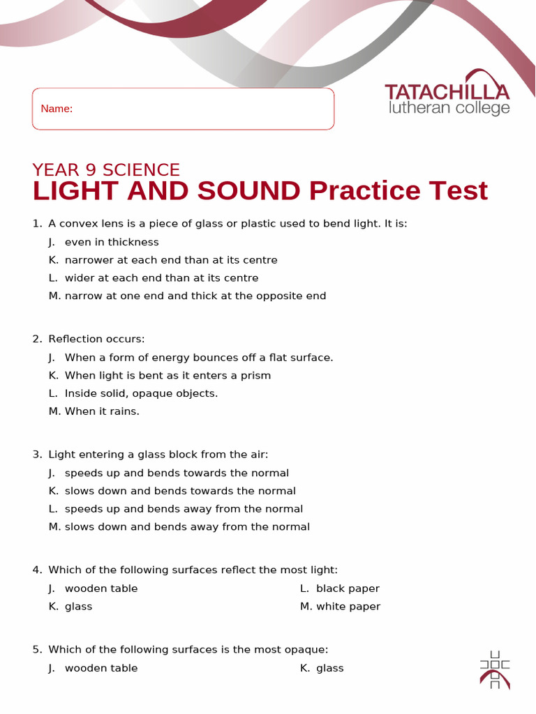 Year 9 Science Light and Sound Test | PDF | Light | Sound
