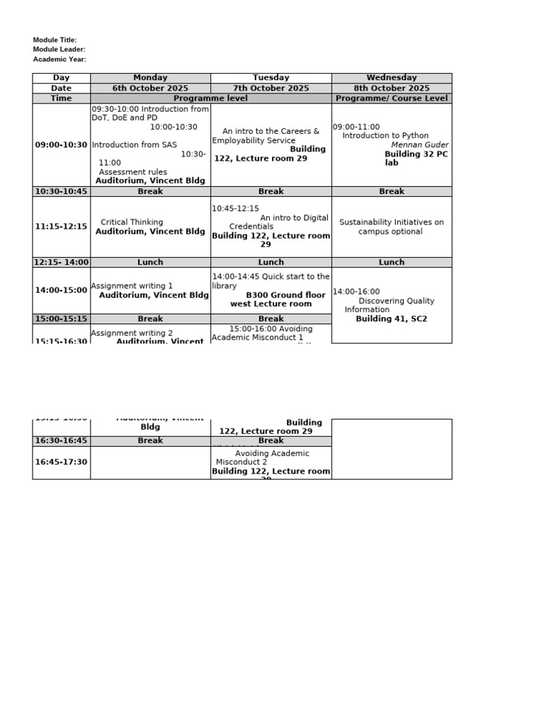 Weekly Course Schedule: October 2025 | PDF