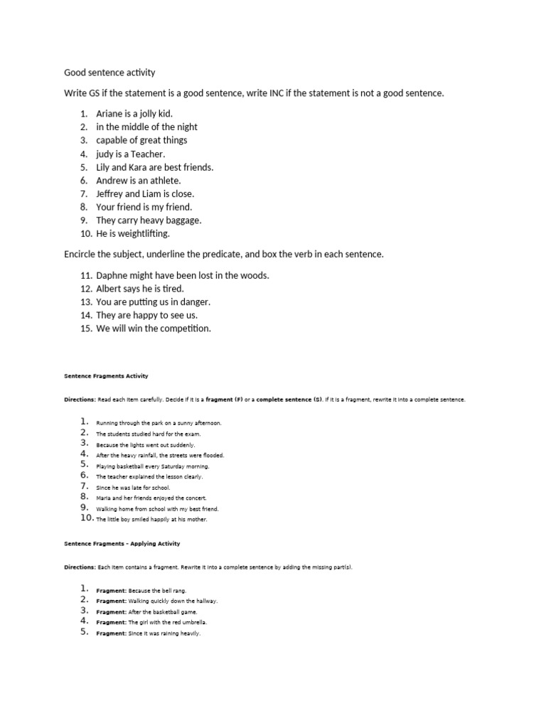 Good Sentence Activity | PDF