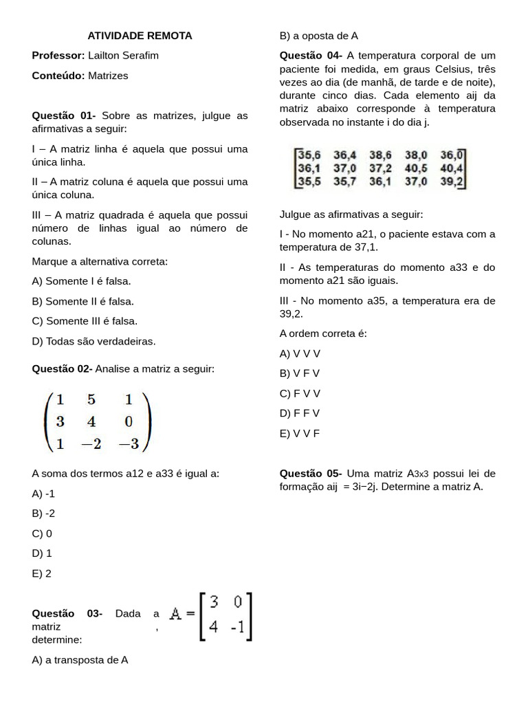 Questões sobre Matrizes e Análise | PDF