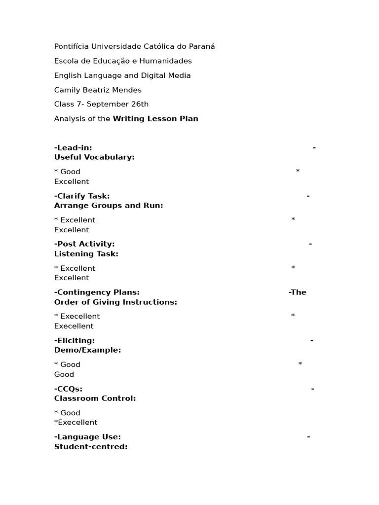 Writing Lesson Plan Analysis - Camily Mendes | PDF | Lesson Plan ...