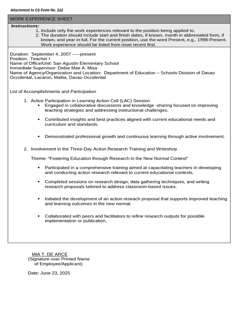 Teacher Work Experience Sheet | PDF