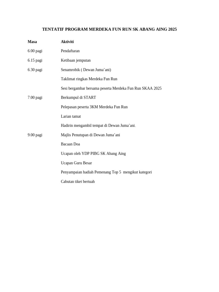 Tentatif Program Merdeka Fun Run SK Abang Aing 2025 | PDF