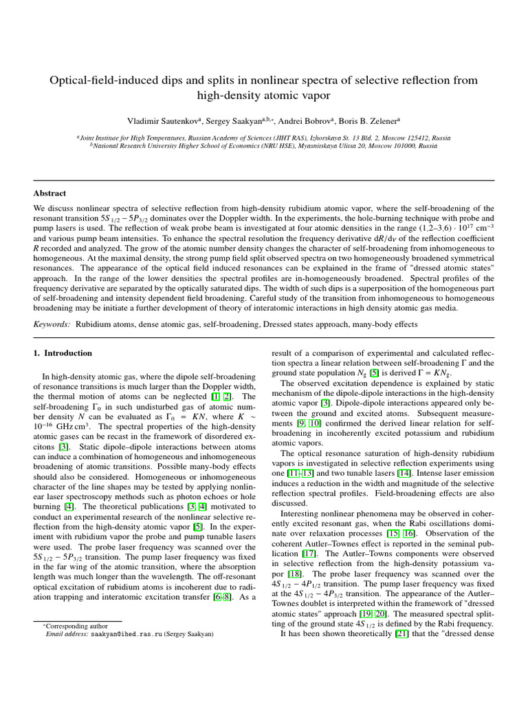Nonlinear Reflection in High-Density Rubidium Vapor | PDF ...