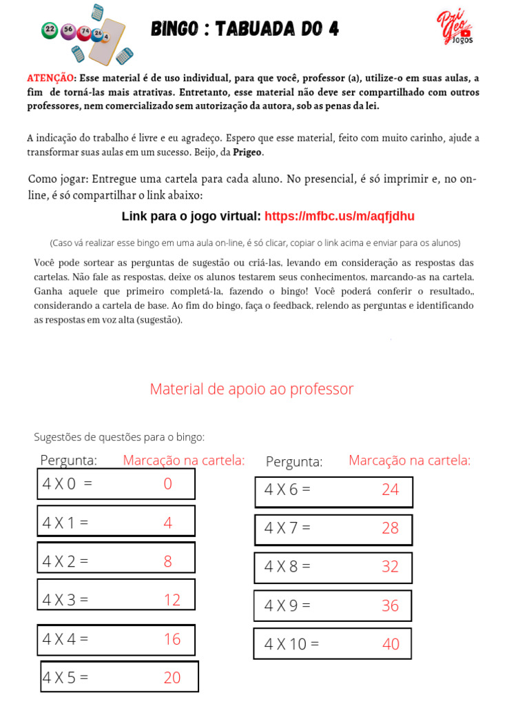 12 Bingo+Tabuada+Do+4 | PDF | Jogos de cassino | Jogos de azar