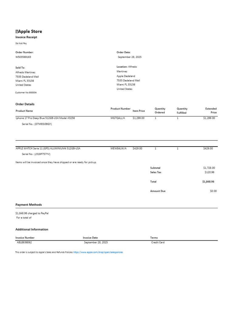 Invoice for Apple Products Order | PDF | Invoice | Receipt