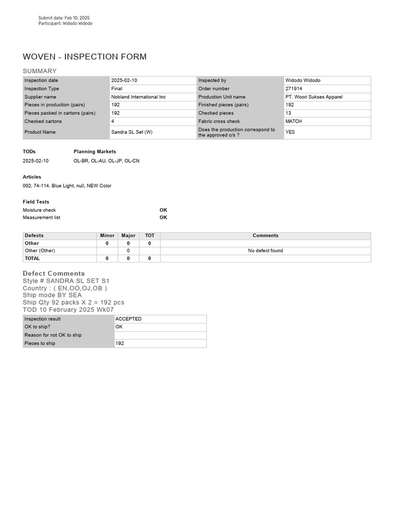 Final Inspection Report for Sandra SL Set | PDF