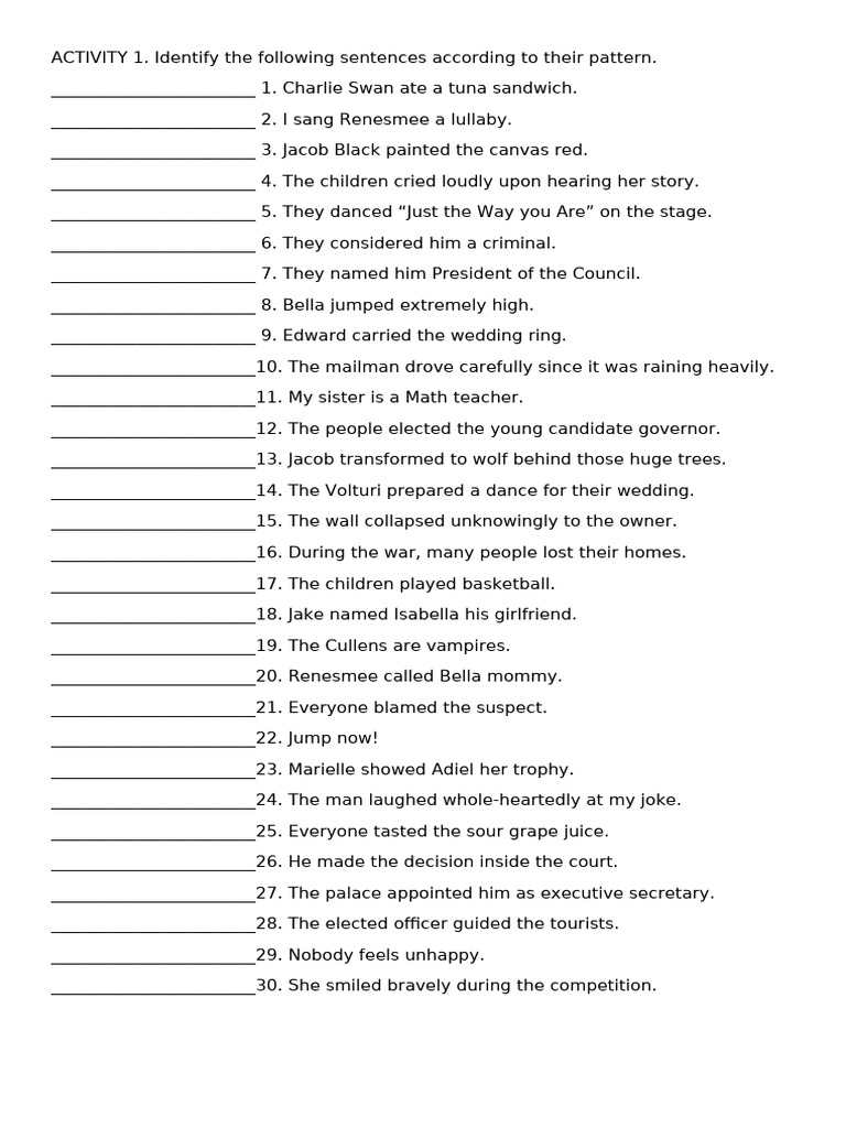 Sentence Pattern Identification Exercise | PDF