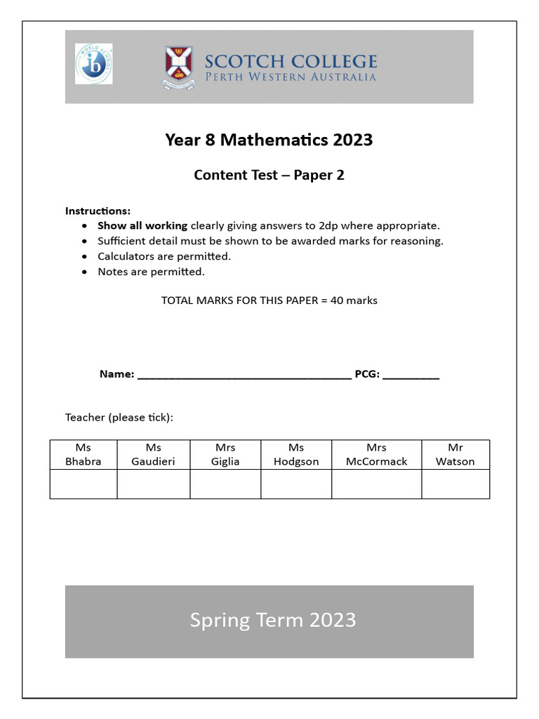 Year 8 Math Test Paper 2 2023 | PDF