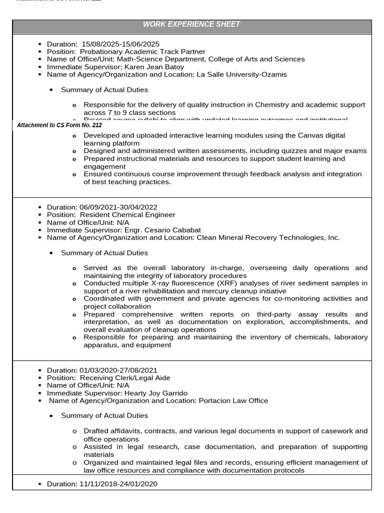 CS Form No. 212 Attachment - Work Experience Sheet | PDF | Food Safety ...