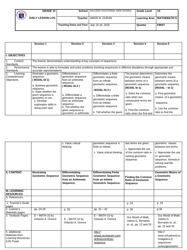 GRADE 10 Math Week 5 | PDF | Mean | Sequence