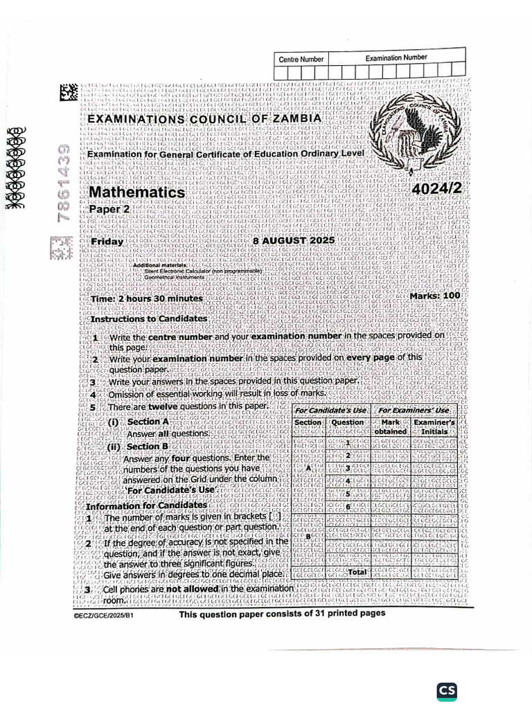 GCE Mathematics Paper 2 - 2025 | PDF