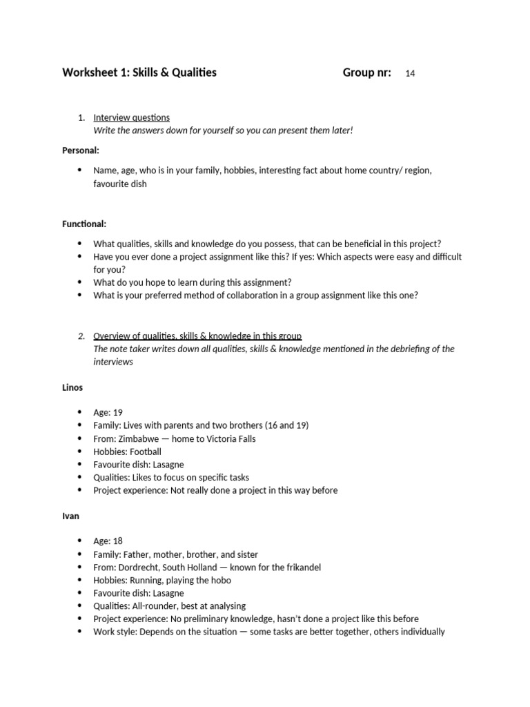 Skills and Qualities Worksheet for Projects | PDF