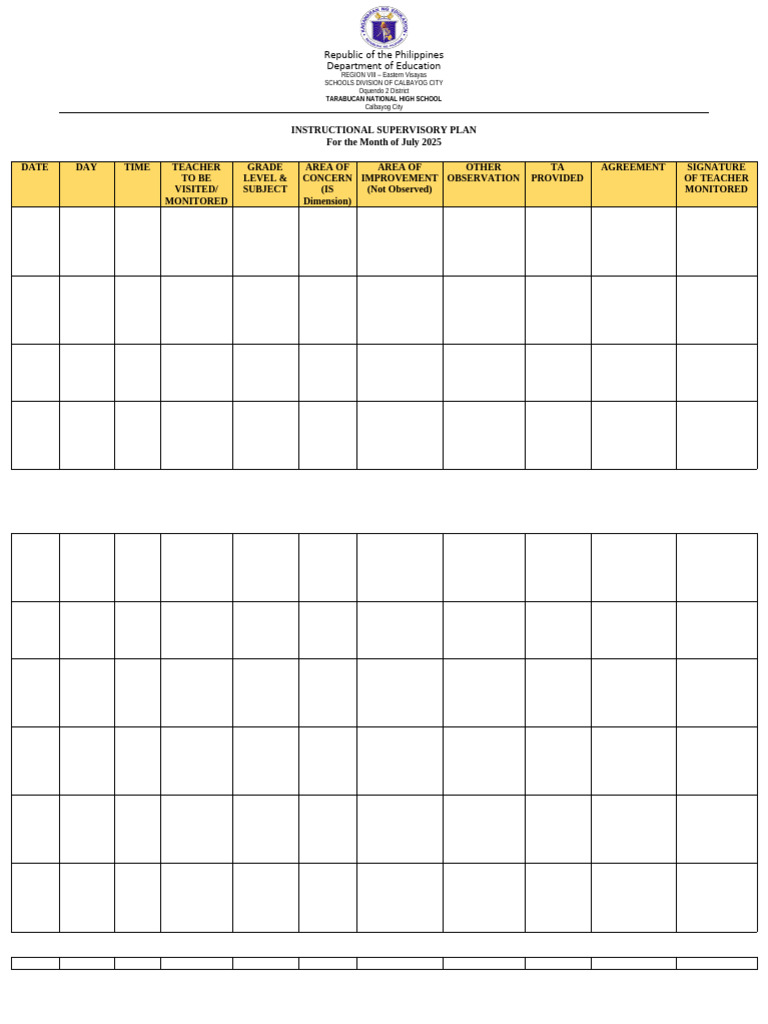 Blank Monthly Supervisory Plan | PDF | Teachers | Pedagogy