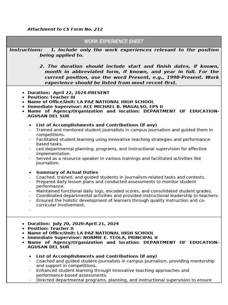 Work Experience Sheet for Teacher Position | PDF | Mentorship | Teachers