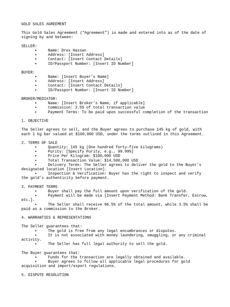 Gold Sales Agreement Template | PDF | Sales | Payments