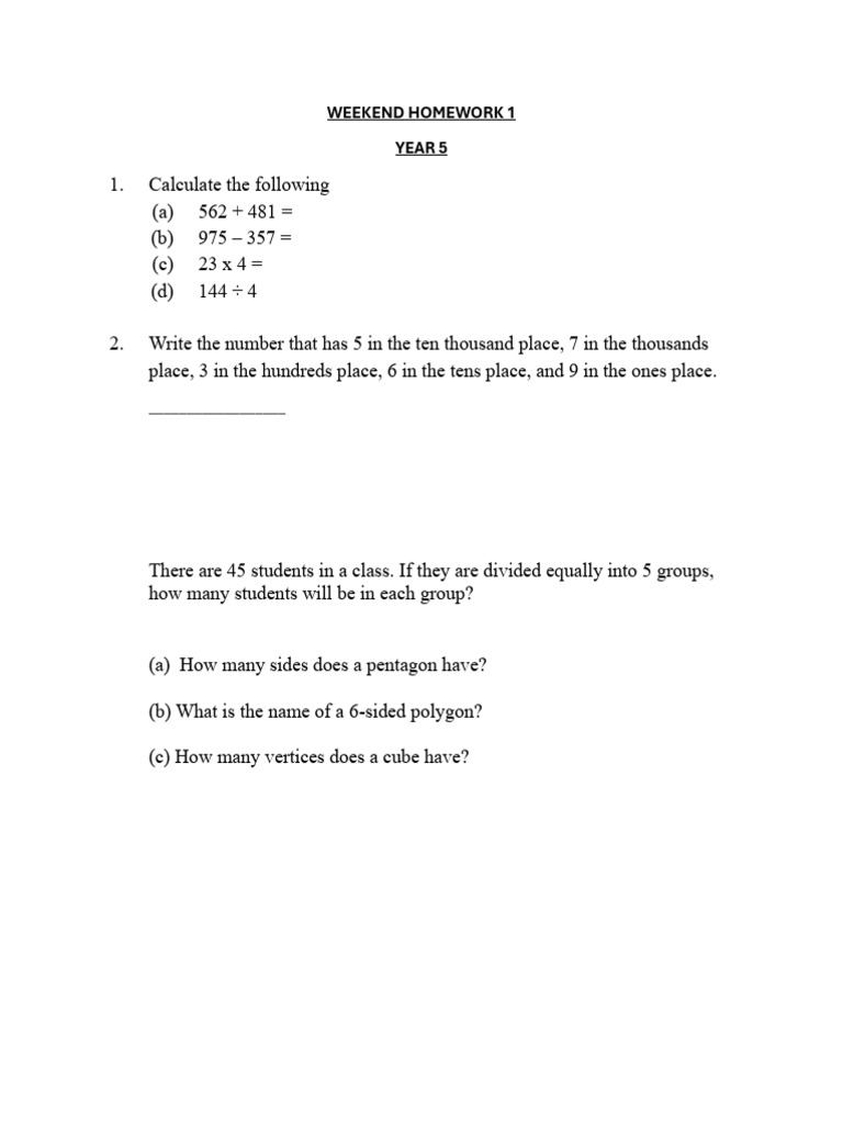 Y5 - Weekend Homework 1 | PDF