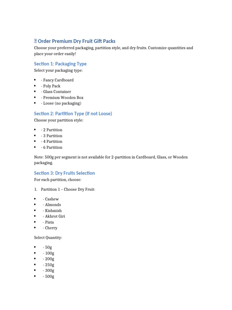 Dry Fruit Gift Pack Order Form Template | PDF