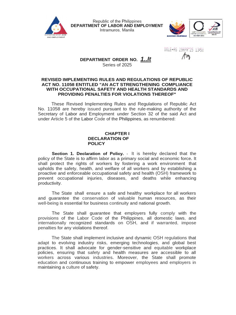 Revised OSH Regulations Philippines 2025 | PDF | Occupational Safety ...
