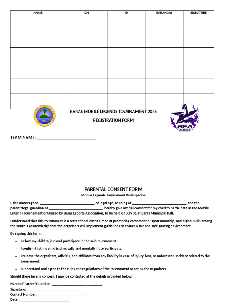Baras Mobile Legends Tournament 2025 Form | PDF