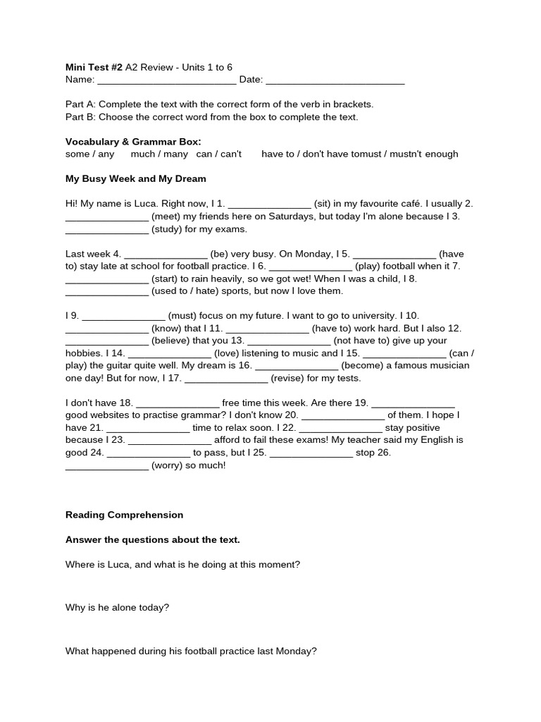 Mini Test #2 A2 Review - Units 1 To 6 | PDF | Linguistics