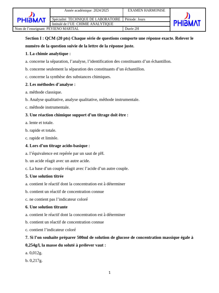 Examen Harmonisé en Chimie Analytique 2024 | PDF | Titrage | Chimie