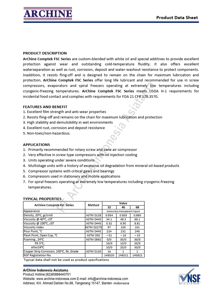 ArChine Comptek FSC Food Grade Oil | PDF | Viscosity | Mechanical ...