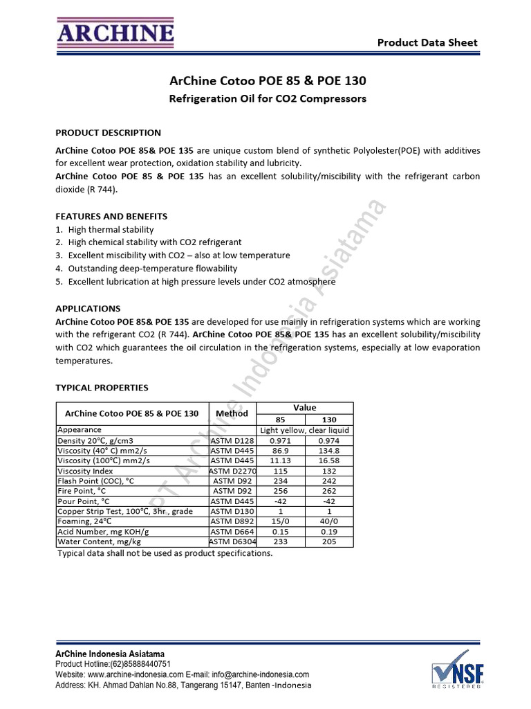 ArChine Cotoo POE Refrigeration Oils | PDF | Carbon Dioxide | Viscosity