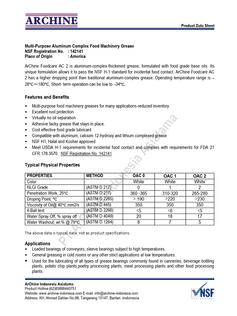 PDS ArChine Foodcare AC 2 | PDF | Lubrication | Oils