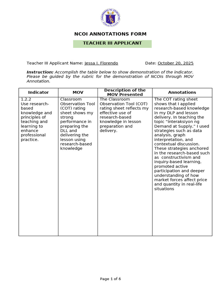 NCOI Annotations for Teacher III | PDF | Learning | Lesson Plan