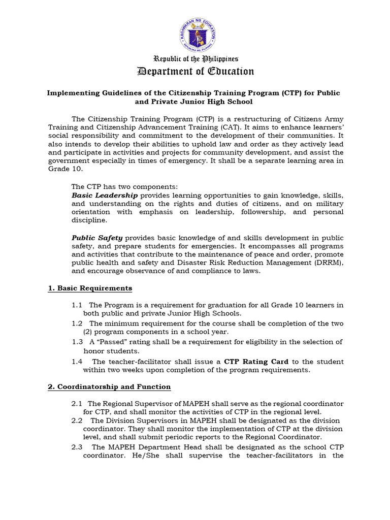 Implementation of Citizenship Training Program CTP in Grade 10 | PDF ...