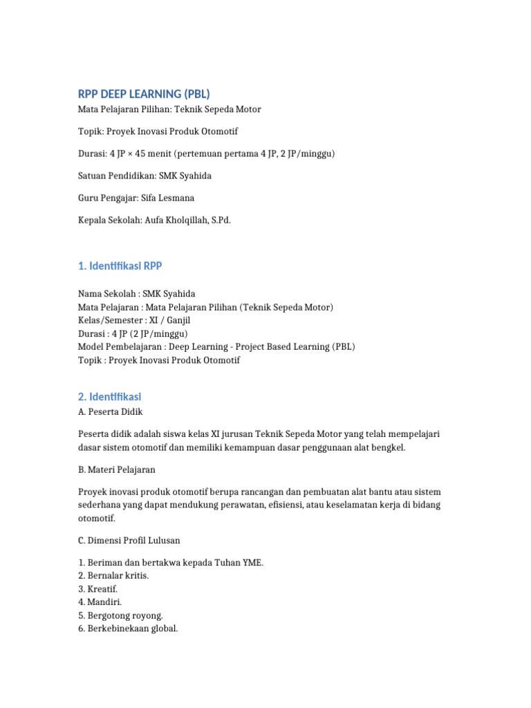 RPP Deep Learning Proyek Otomotif SMK | PDF