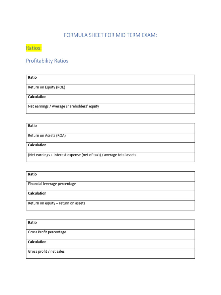 Mid Term Exam Formula Sheet for Ratios | PDF | Net Income | Equity ...