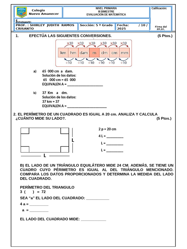7.examen Septiembre 5 Grado Matemática | PDF