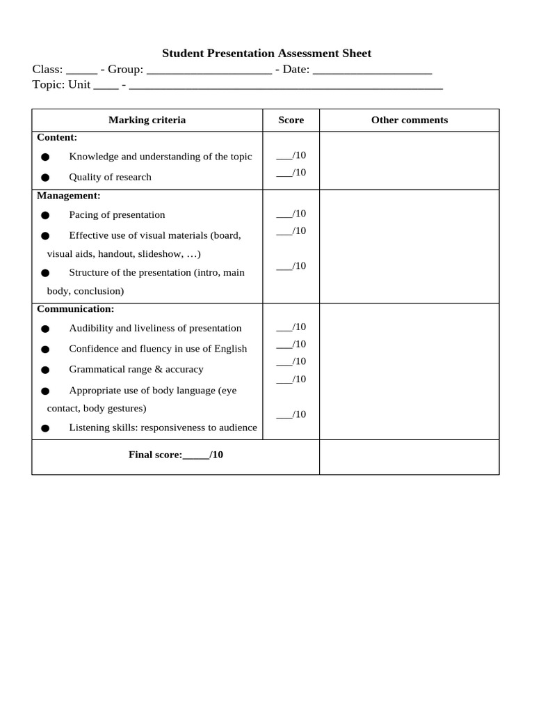 Assessment Sheet - Only For Teachers | PDF