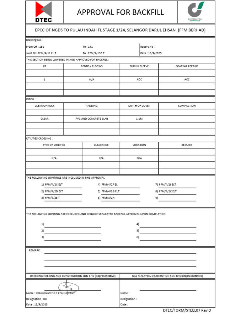 Approval for Backfill Jointings Report | PDF