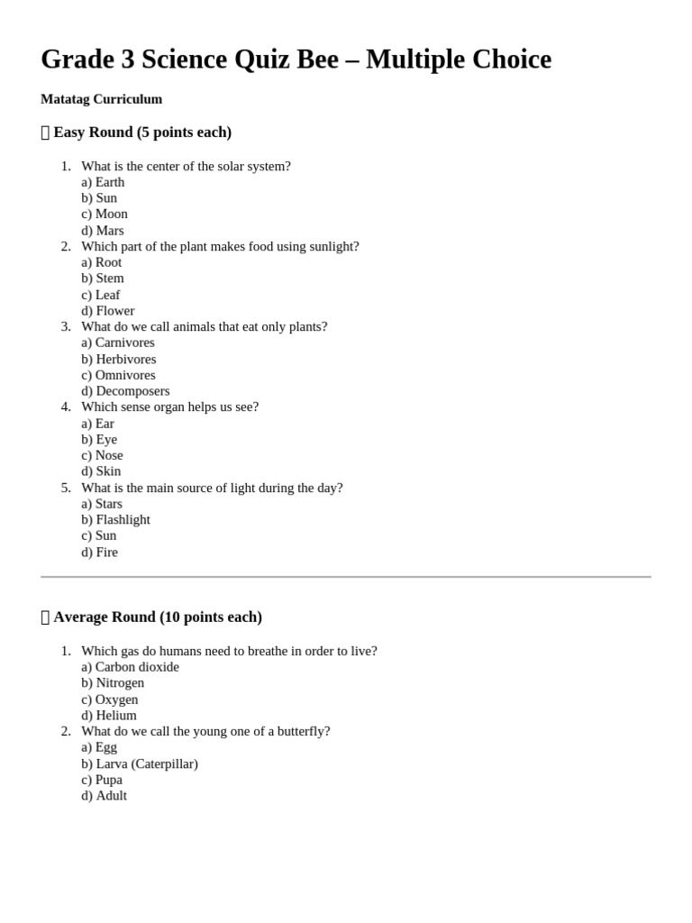 Grade 3 Science Quiz Bee Questions | PDF | Earth | Planets
